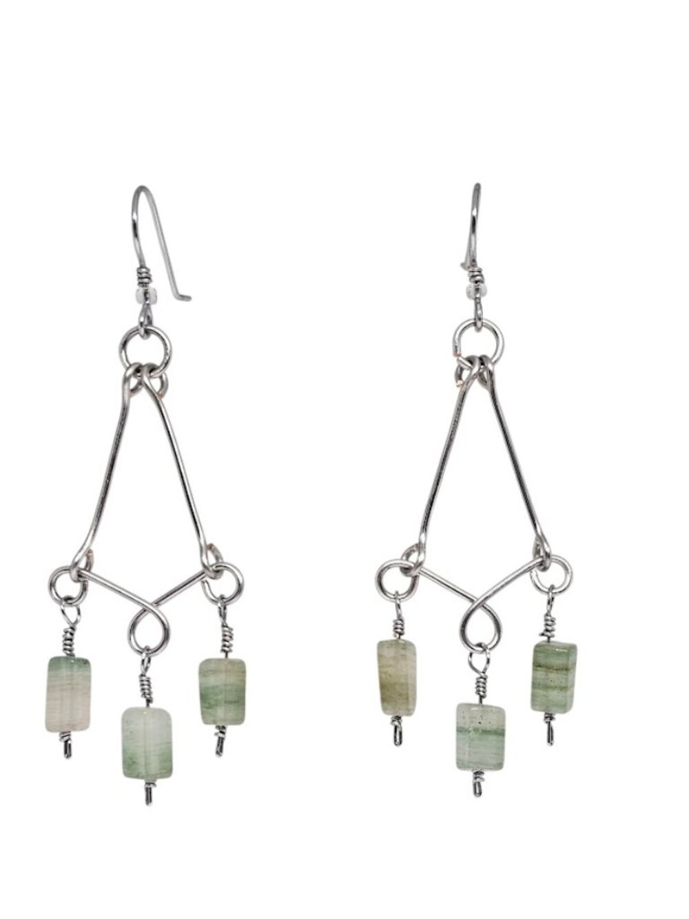 Handmade Green Tourmaline Gemstone Silver Triangle Chandelier Boho Earrings